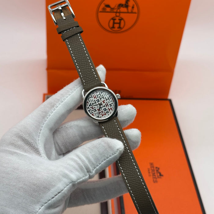 Hermes Arceau Silver In Steel Light Brown Leather Strap Watch