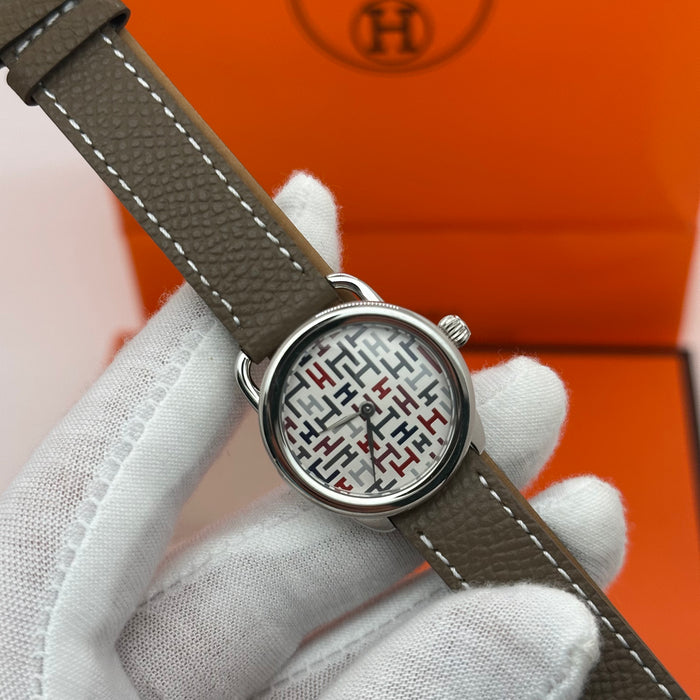 Hermes Arceau Silver In Steel Light Brown Leather Strap Watch