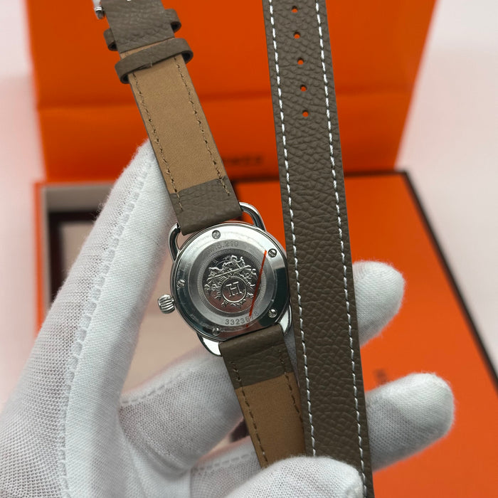 Hermes Arceau Silver In Steel Light Brown Leather Strap Watch