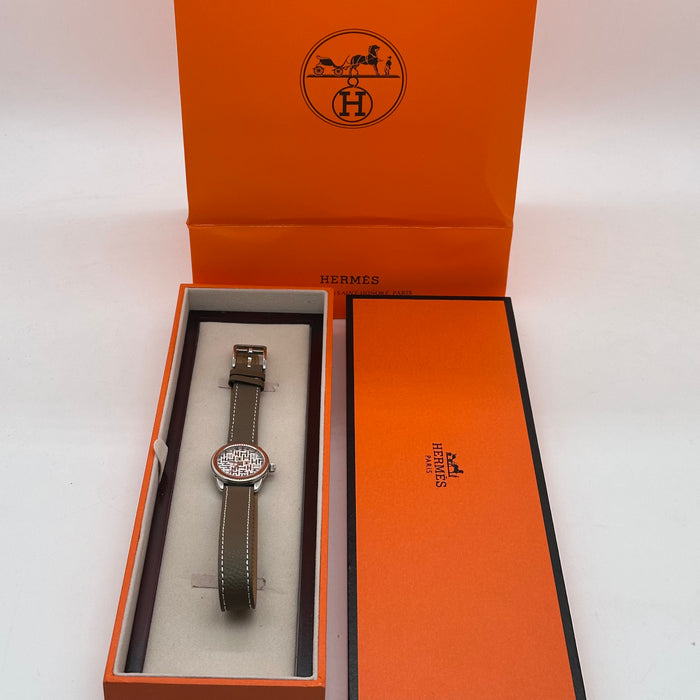 Hermes Arceau Silver In Steel Light Brown Leather Strap Watch