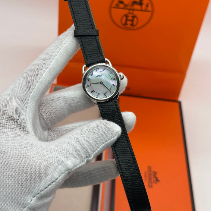 Hermes Arceau Silver in Steel Black Leather Strap For Women