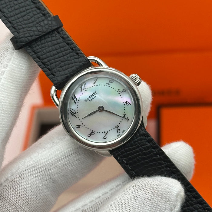 Hermes Arceau Silver in Steel Black Leather Strap For Women