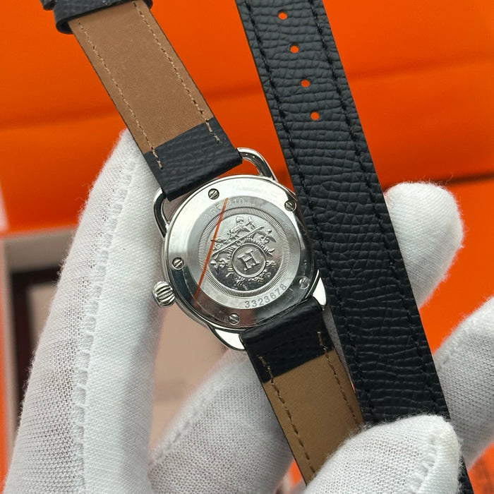Hermes Arceau Silver in Steel Black Leather Strap For Women