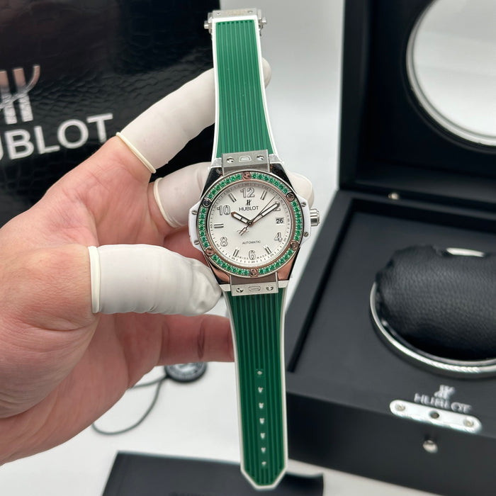 Hublot Classic Fusion Green Bezel Automatic Watch – Stainless Steel Case, White Dial