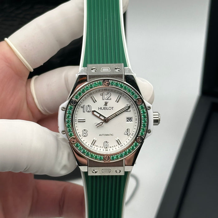 Hublot Classic Fusion Green Bezel Automatic Watch – Stainless Steel Case, White Dial
