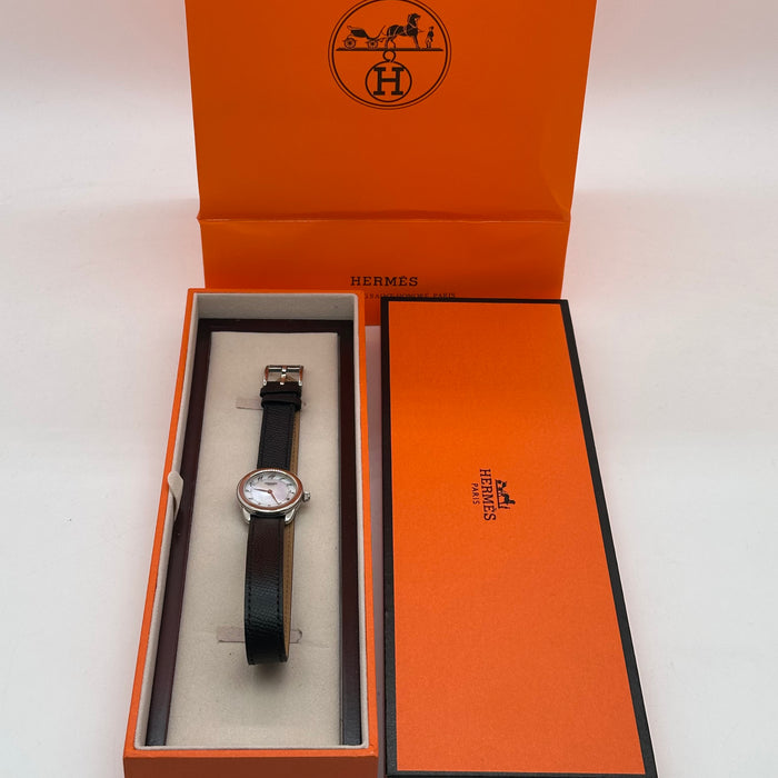 Hermes Arceau Silver in Steel Black Leather Strap For Women