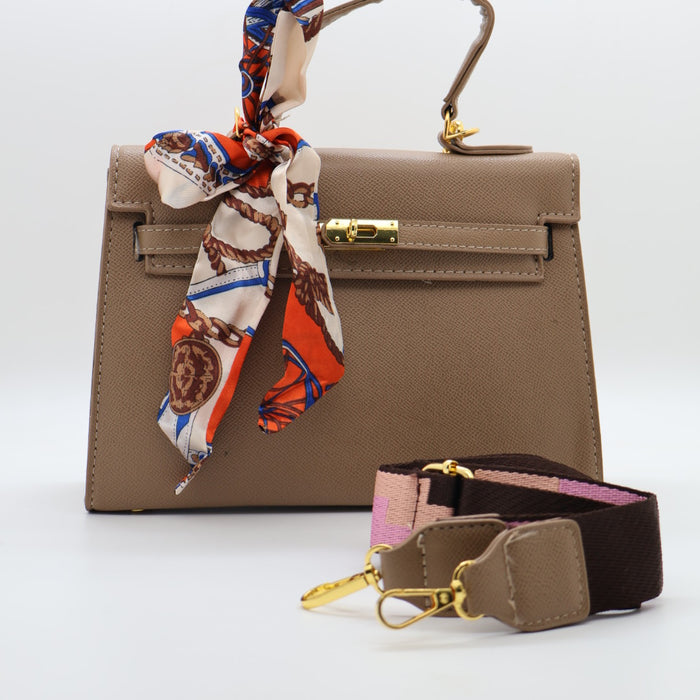 Hermes Luxury Kelly-Style Top Handle Bag with Scarf & Strap