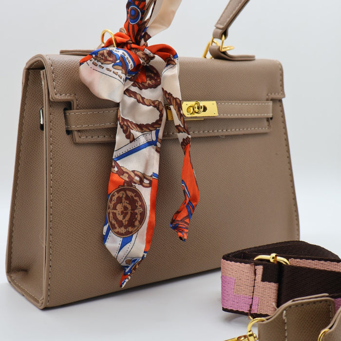Hermes Luxury Kelly-Style Top Handle Bag with Scarf & Strap