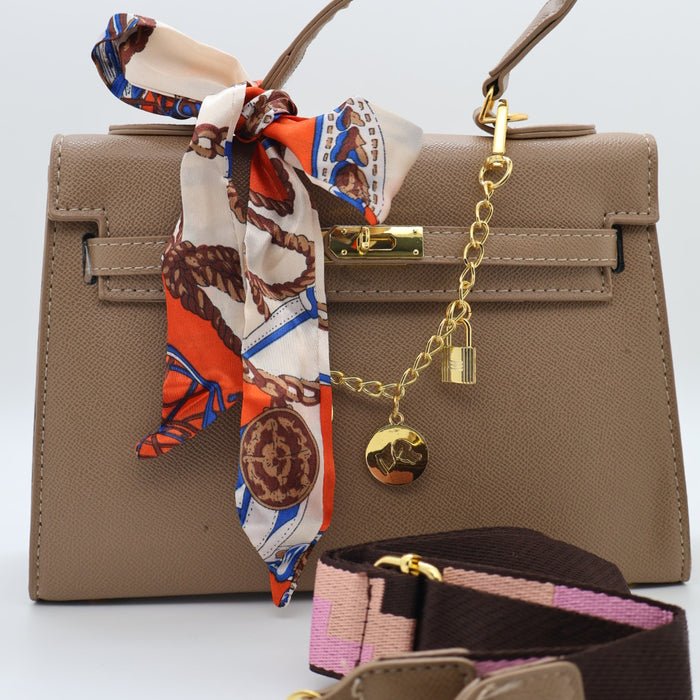 Hermes Luxury Kelly-Style Top Handle Bag with Scarf & Strap