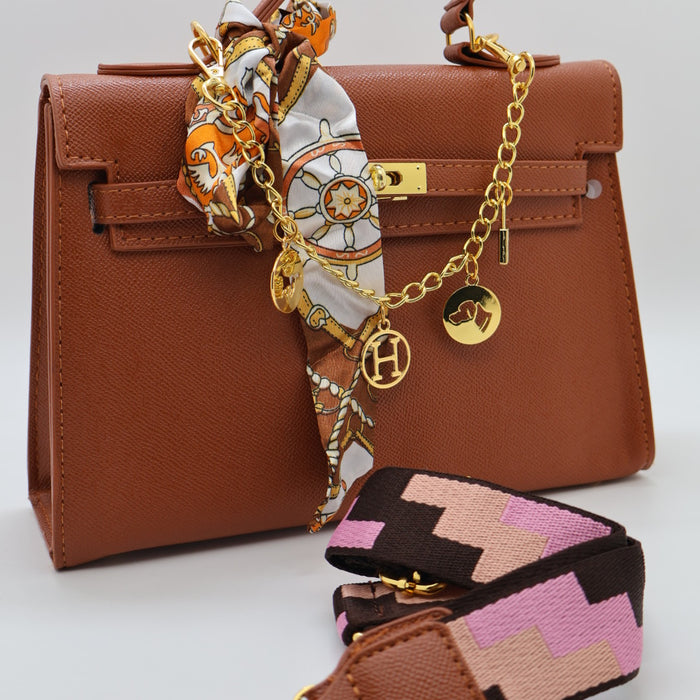 Hermes Luxury Kelly-Style Top Handle Bag with Scarf & Strap