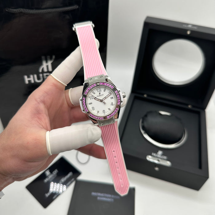 Hublot Ladies Automatic Watch – Pink Strap with Crystal Bezel