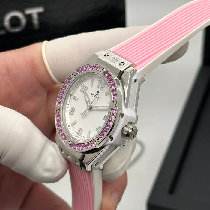 Hublot Ladies Automatic Watch – Pink Strap with Crystal Bezel