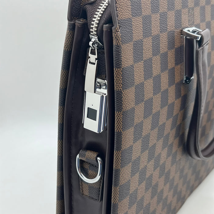 Luxury Louis Vuitton Checkered Leather Handbag with Fingerprint Lock – Elegant Business Tote