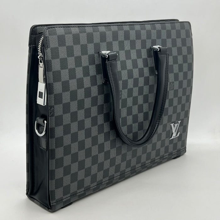 Luxury Louis Vuitton Checkered Leather Handbag with Fingerprint Lock – Elegant Business Tote