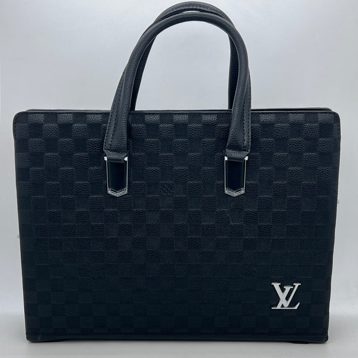 Luxury Louis Black Checkered Leather Handbag with Fingerprint Lock – Premium Business Tote