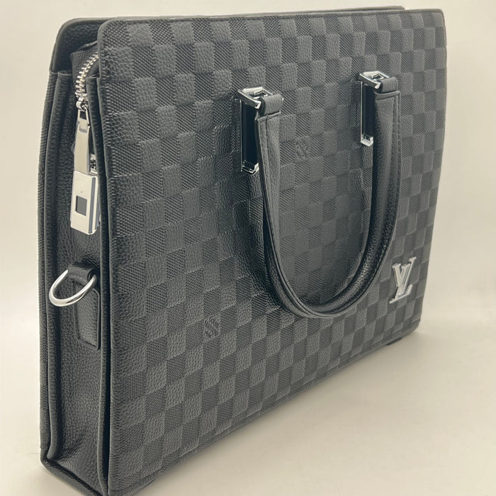 Luxury Louis Black Checkered Leather Handbag with Fingerprint Lock – Premium Business Tote
