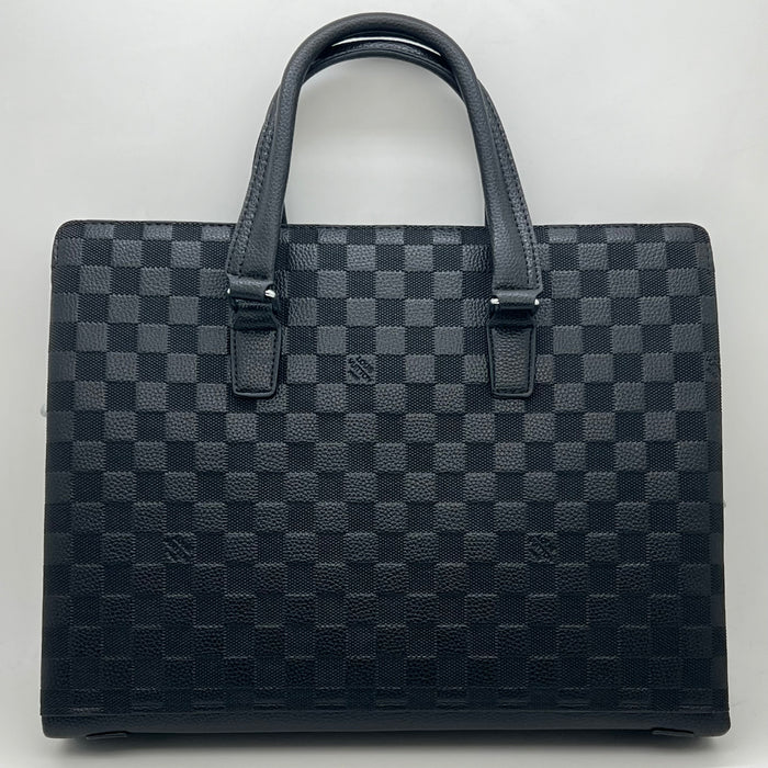 Luxury Louis Black Checkered Leather Handbag with Fingerprint Lock – Premium Business Tote