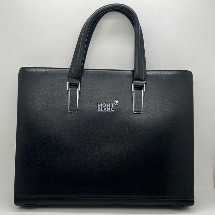 Luxury MontBlanc Smooth Leather Handbag with Fingerprint Lock – Premium Executive Tote (Black & Brown)