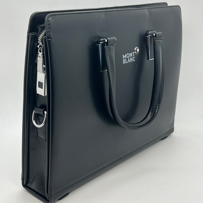 Luxury MontBlanc Smooth Leather Handbag with Fingerprint Lock – Premium Executive Tote (Black & Brown)