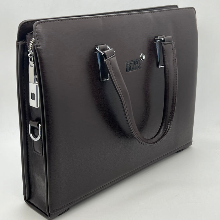 Luxury MontBlanc Smooth Leather Handbag with Fingerprint Lock – Premium Executive Tote (Black & Brown)