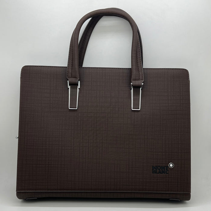 Luxury MontBlanc Textured Leather Business Handbag with Fingerprint Lock – Executive Tote (Black & Brown)