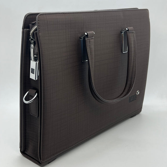 Luxury MontBlanc Textured Leather Business Handbag with Fingerprint Lock – Executive Tote (Black & Brown)