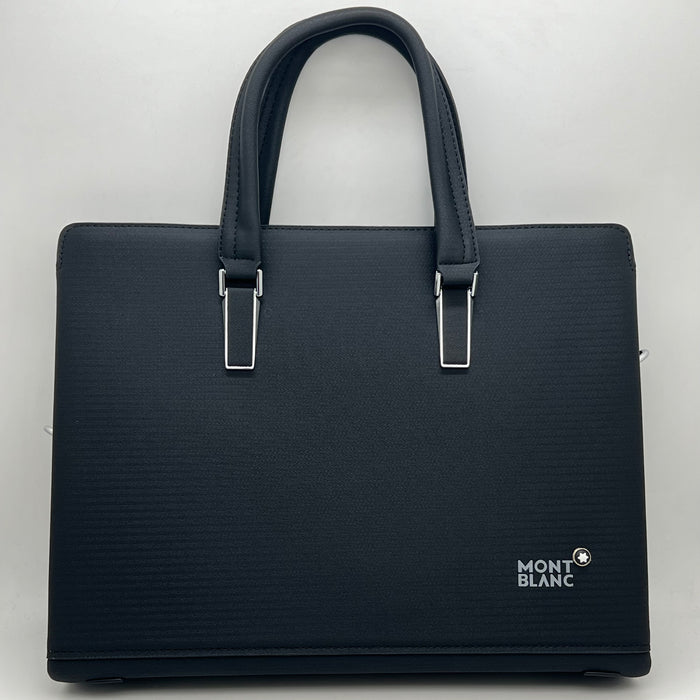 Luxury MontBlanc Textured Leather Business Handbag with Fingerprint Lock – Executive Tote (Black & Brown)