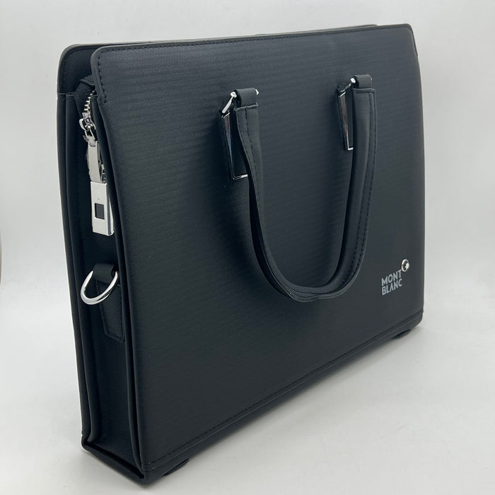 Luxury MontBlanc Textured Leather Business Handbag with Fingerprint Lock – Executive Tote (Black & Brown)
