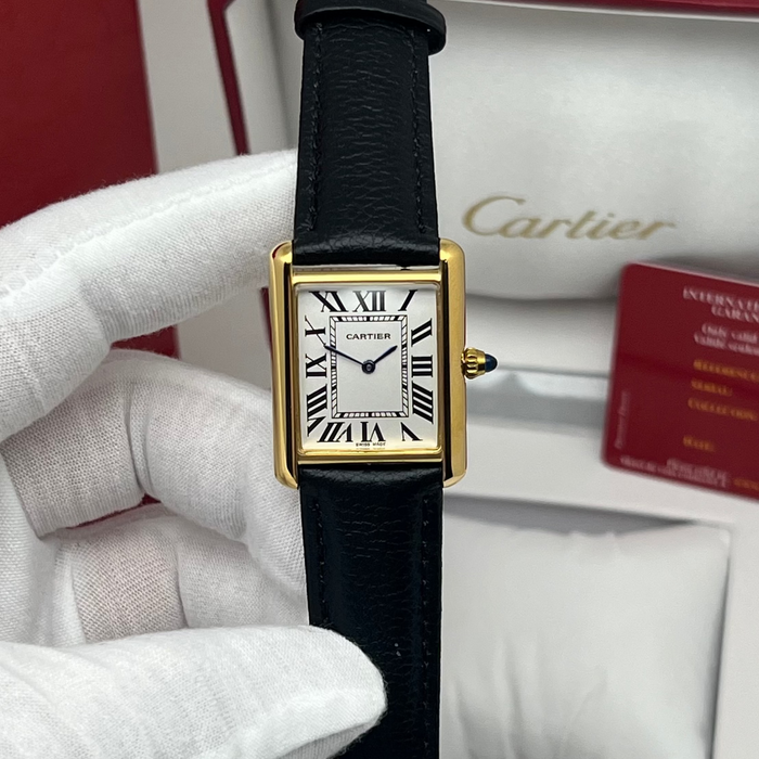 Cartier Tank Style Gold Watch – Classic Rectangular Women’s Leather Strap Timepiece