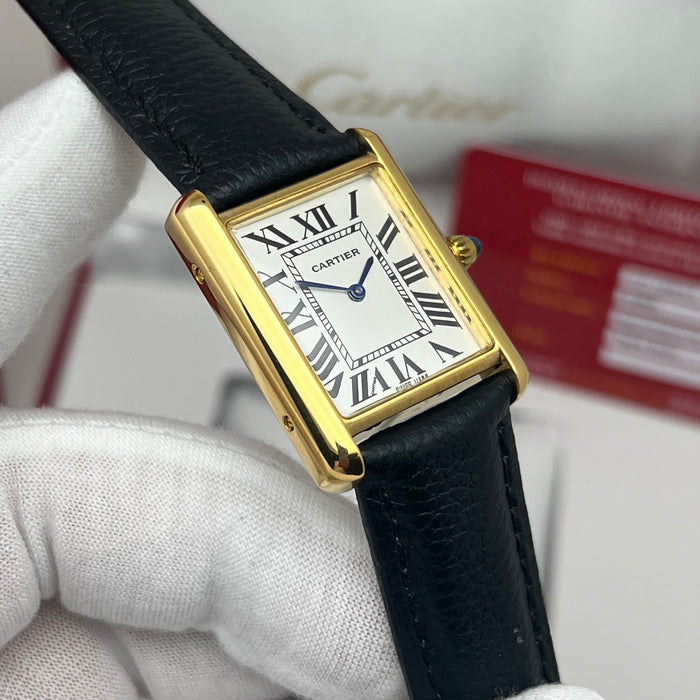 Cartier Tank Style Gold Watch – Classic Rectangular Women’s Leather Strap Timepiece