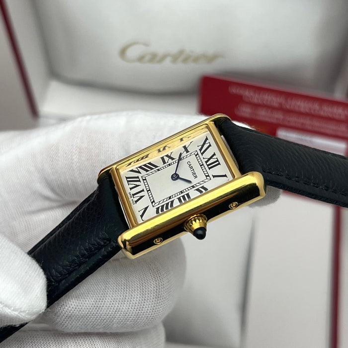 Cartier Tank Style Gold Watch – Classic Rectangular Women’s Leather Strap Timepiece