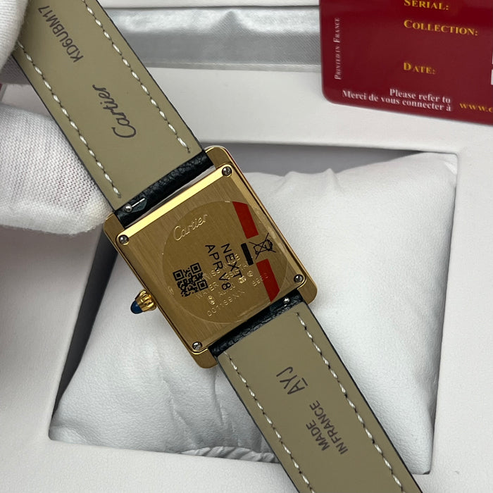 Cartier Tank Style Gold Watch – Classic Rectangular Women’s Leather Strap Timepiece