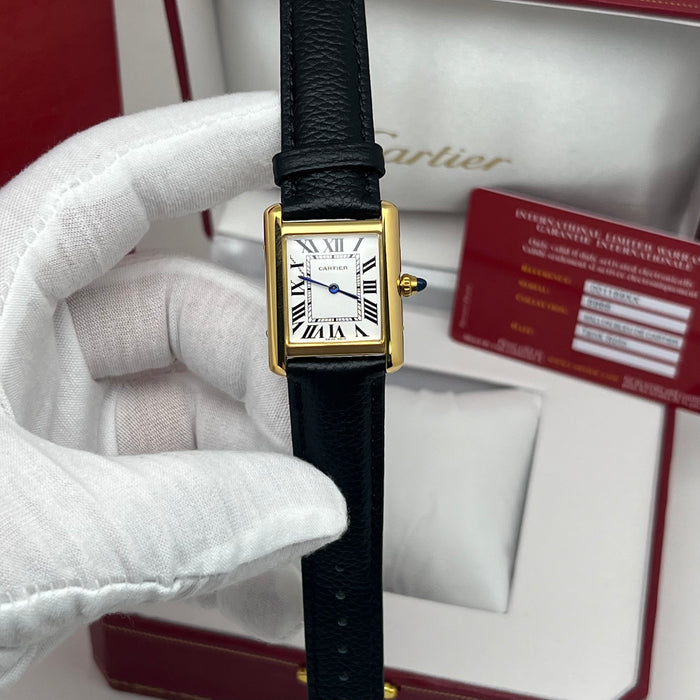 Cartier Tank Style Gold Watch – Classic Rectangular Women’s Leather Strap Timepiece