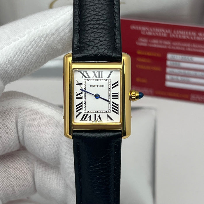 Cartier Tank Style Gold Watch – Classic Rectangular Women’s Leather Strap Timepiece