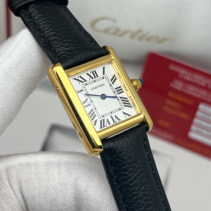 Cartier Tank Style Gold Watch – Classic Rectangular Women’s Leather Strap Timepiece