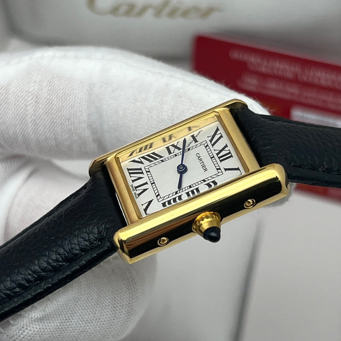 Cartier Tank Style Gold Watch – Classic Rectangular Women’s Leather Strap Timepiece