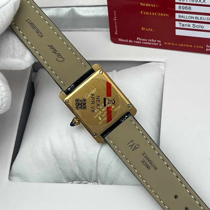 Cartier Tank Style Gold Watch – Classic Rectangular Women’s Leather Strap Timepiece