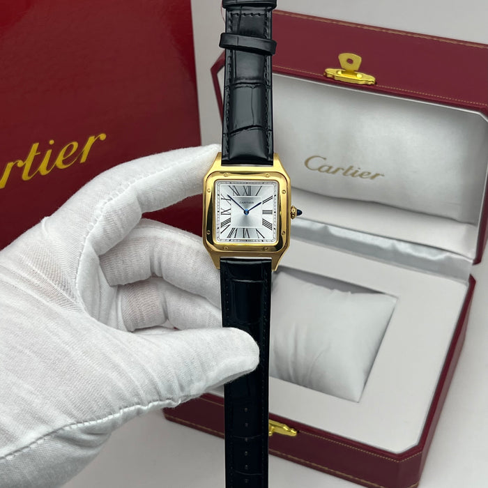 Cartier Santos Style Gold Square Watch – Classic Roman Dial Black Leather Luxury
