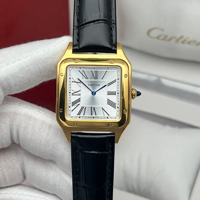 Cartier Santos Style Gold Square Watch – Classic Roman Dial Black Leather Luxury
