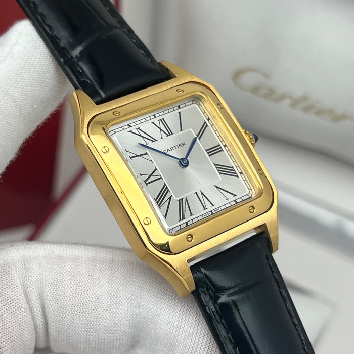 Cartier Santos Style Gold Square Watch – Classic Roman Dial Black Leather Luxury