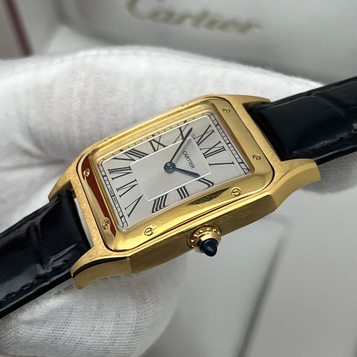 Cartier Santos Style Gold Square Watch – Classic Roman Dial Black Leather Luxury