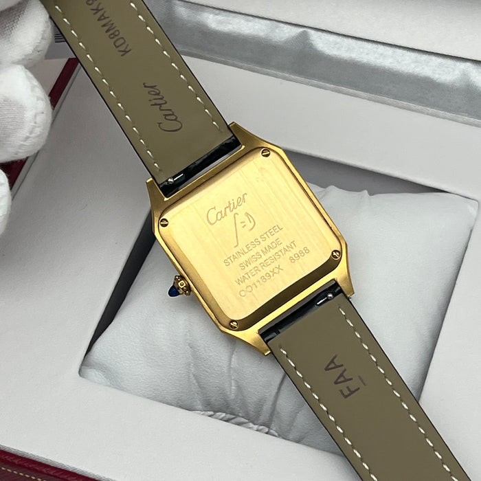 Cartier Santos Style Gold Square Watch – Classic Roman Dial Black Leather Luxury