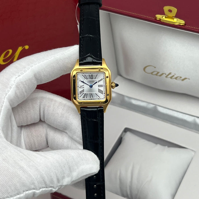 Cartier Santos Style Gold Square Watch – Classic Roman Dial Black Leather Luxury