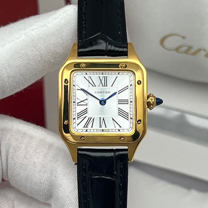Cartier Santos Style Gold Square Watch – Classic Roman Dial Black Leather Luxury