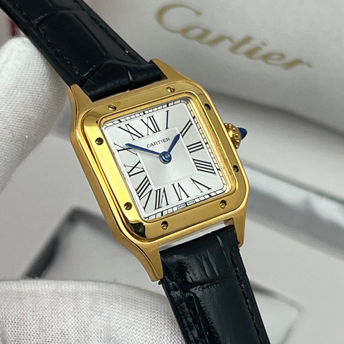 Cartier Santos Style Gold Square Watch – Classic Roman Dial Black Leather Luxury