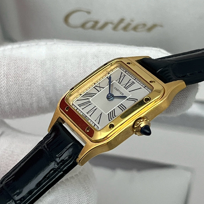 Cartier Santos Style Gold Square Watch – Classic Roman Dial Black Leather Luxury
