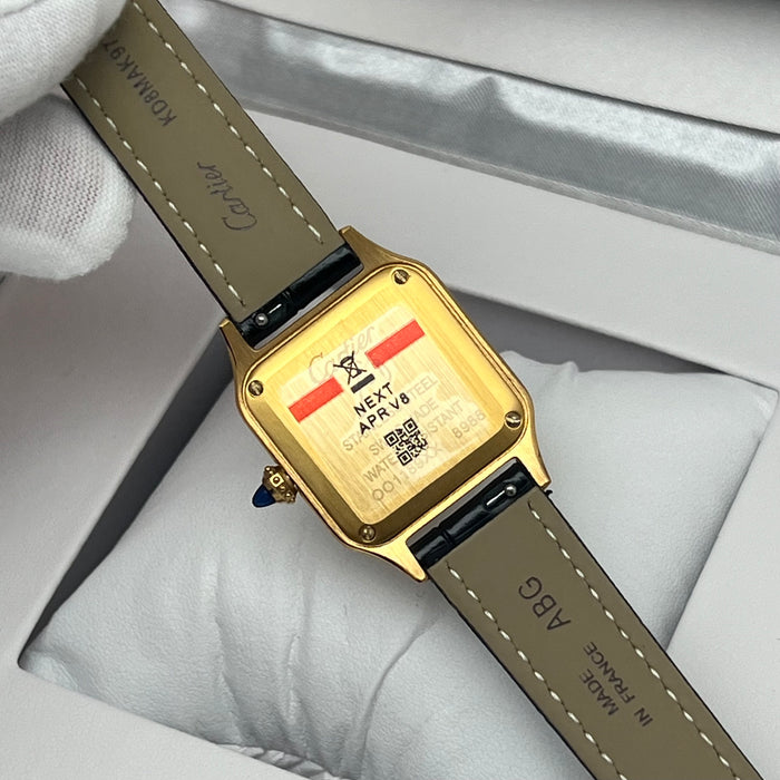 Cartier Santos Style Gold Square Watch – Classic Roman Dial Black Leather Luxury