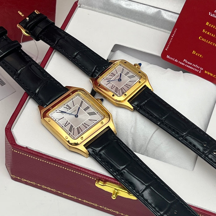 Cartier Santos Style Gold Square Watch – Classic Roman Dial Black Leather Luxury