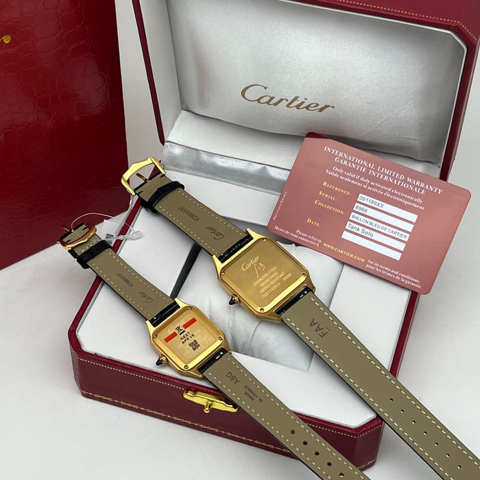 Cartier Santos Style Gold Square Watch – Classic Roman Dial Black Leather Luxury