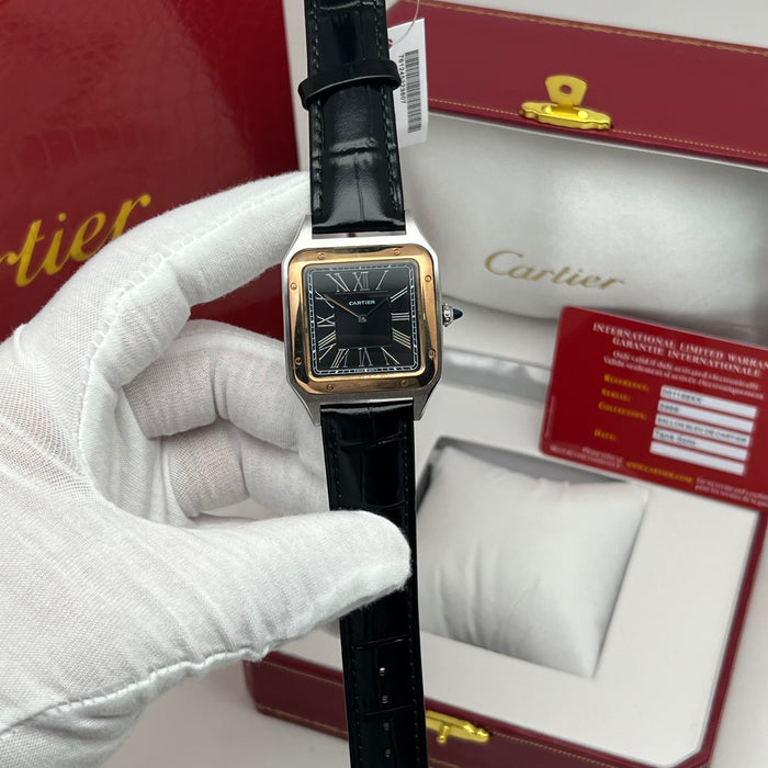 Cartier Ballon Blue De Cratier Santos Style Two-Tone Watch – Black Dial Gold & Silver Luxury Leather